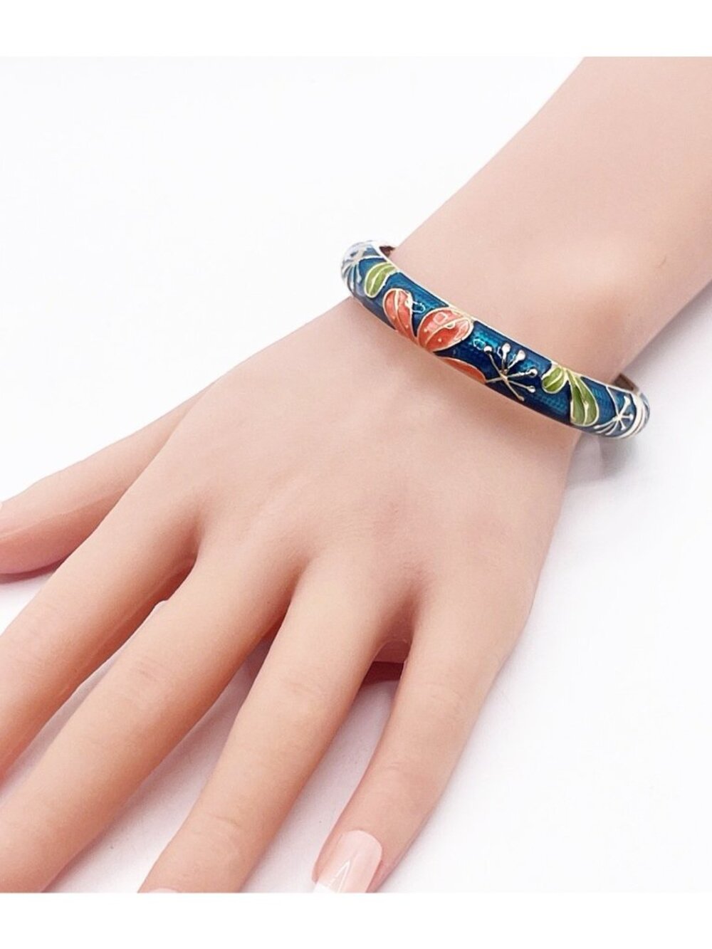 Talbots Gold Tone Cloisonne Hinged Bangle Bracelet Blue Enamel Floral Stackable